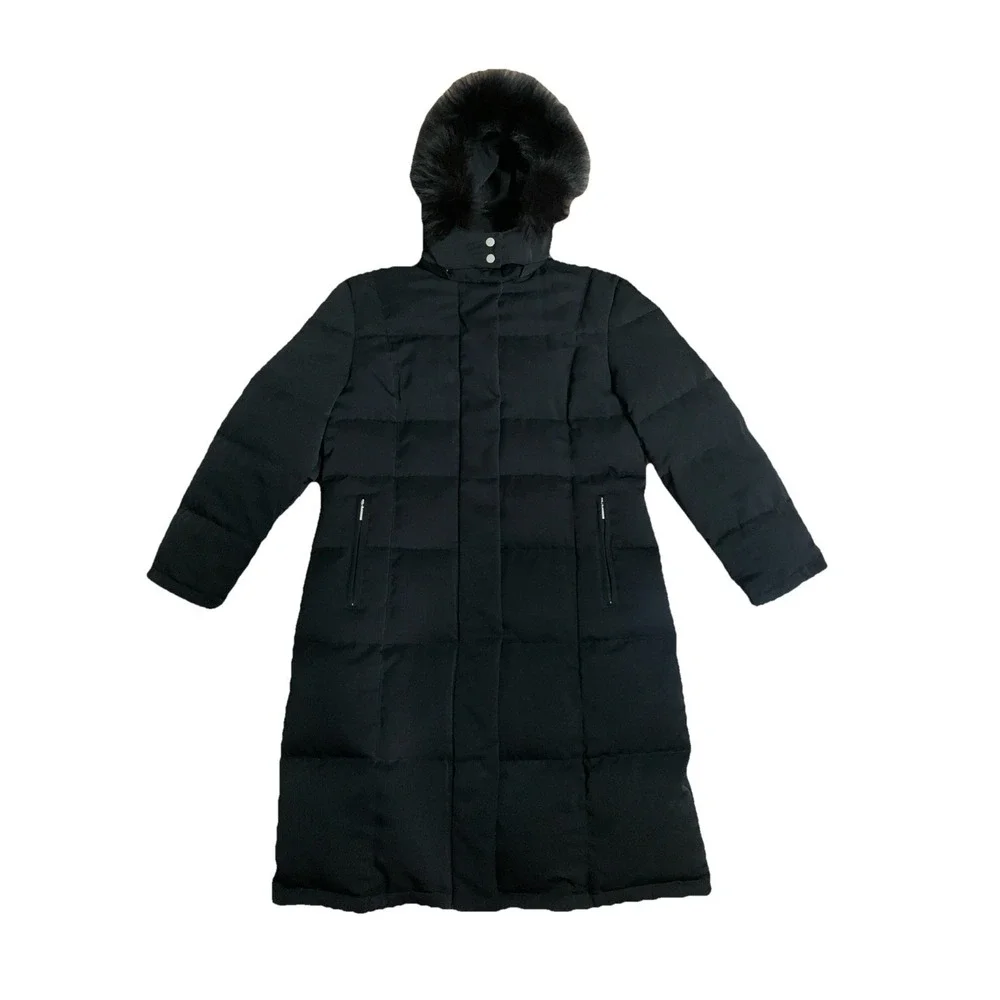 Utex Design Womens L Parka Down Puffer Coat Hooded Fur Quilted Black Long Jacket